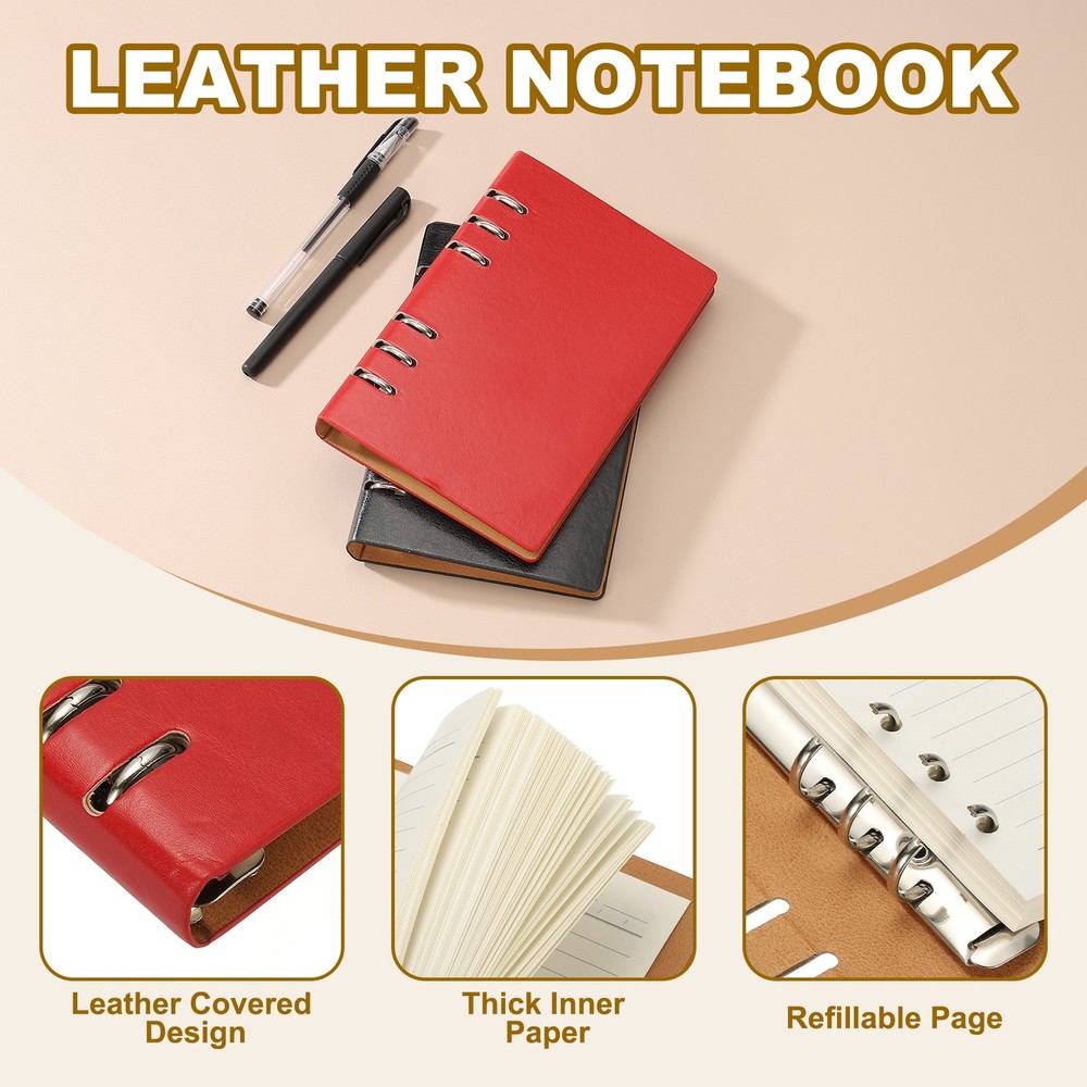 A6 Refillable Leather Notebook, 6 Ring Hardcover Binder Notebook, Red