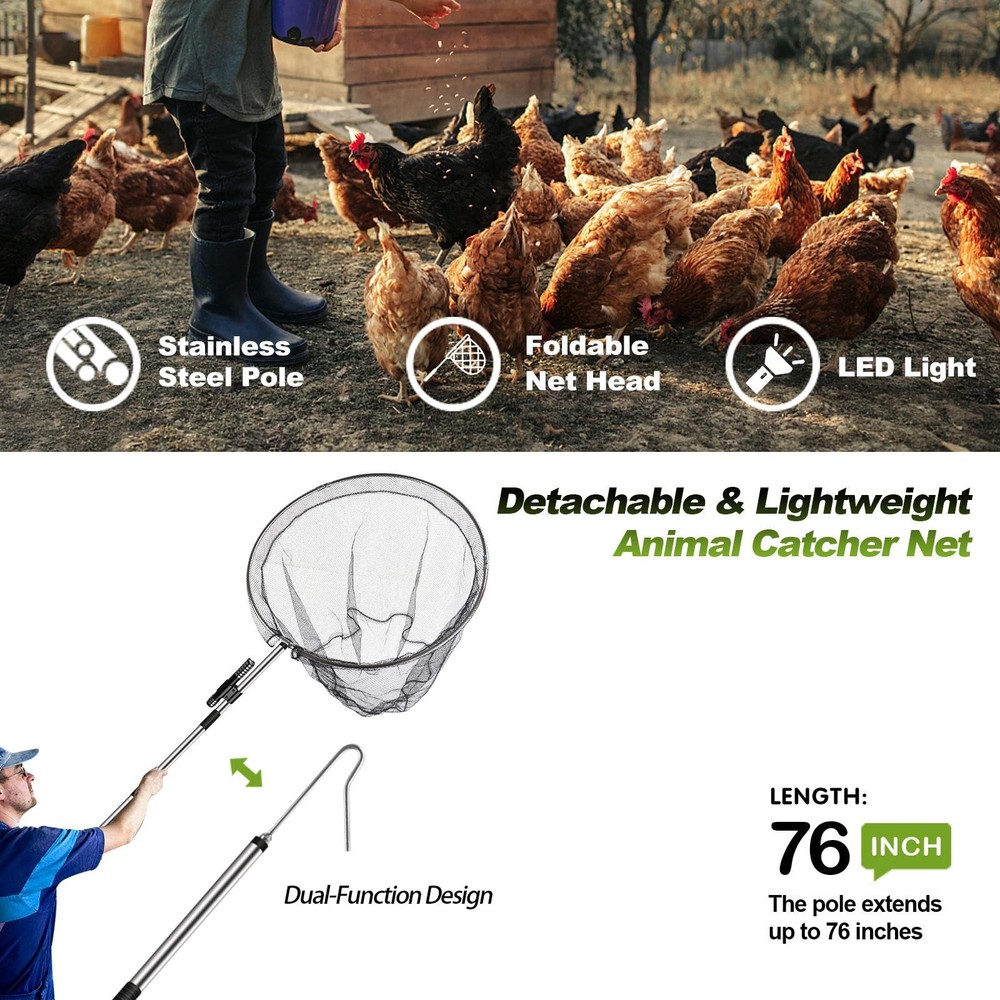 Chicken Catching Net, Chicken Catcher Leg Hook with Extendable Stainless Stee...