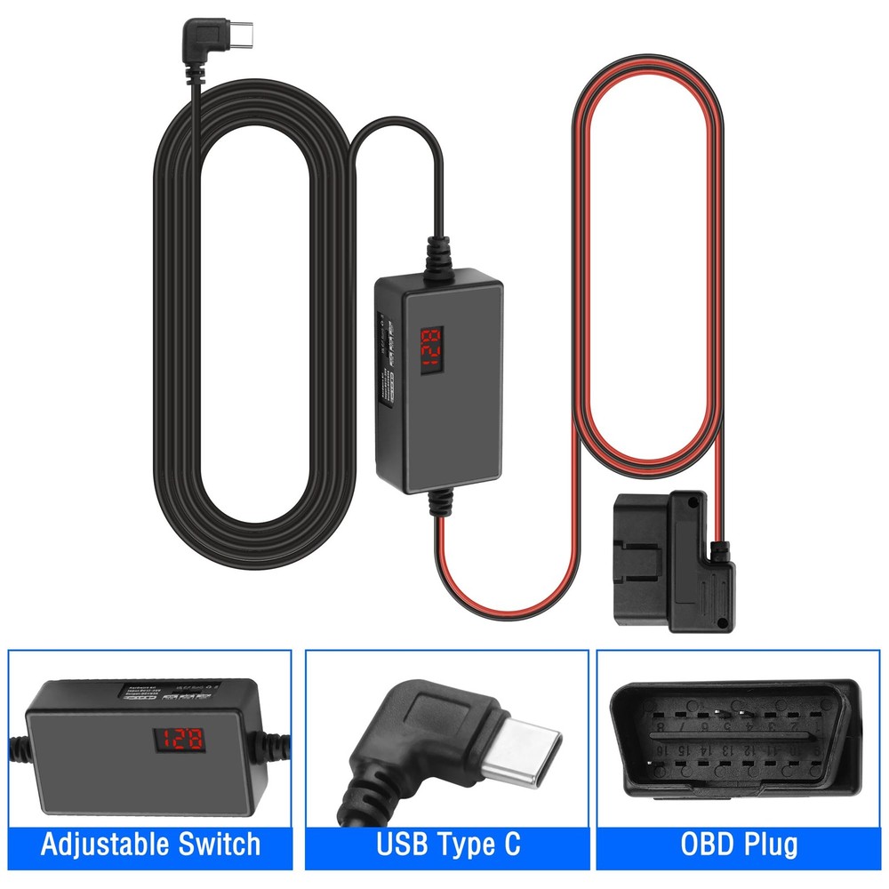 OBD OBD2 Power Cable for Dash Camera, OBD2 to USB Type C Charger Cable with
