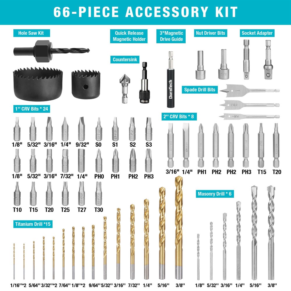 DURATECH 66PCS Impact Drill Bit Screwdriver Bit Sets Drill Driver Bit with Case