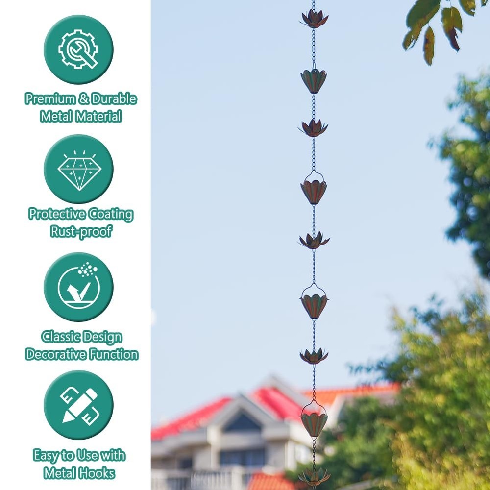 Lotus Rain Chains for Gutters, Rain Chains with 8 Cups, Adjustable Rain Catch...
