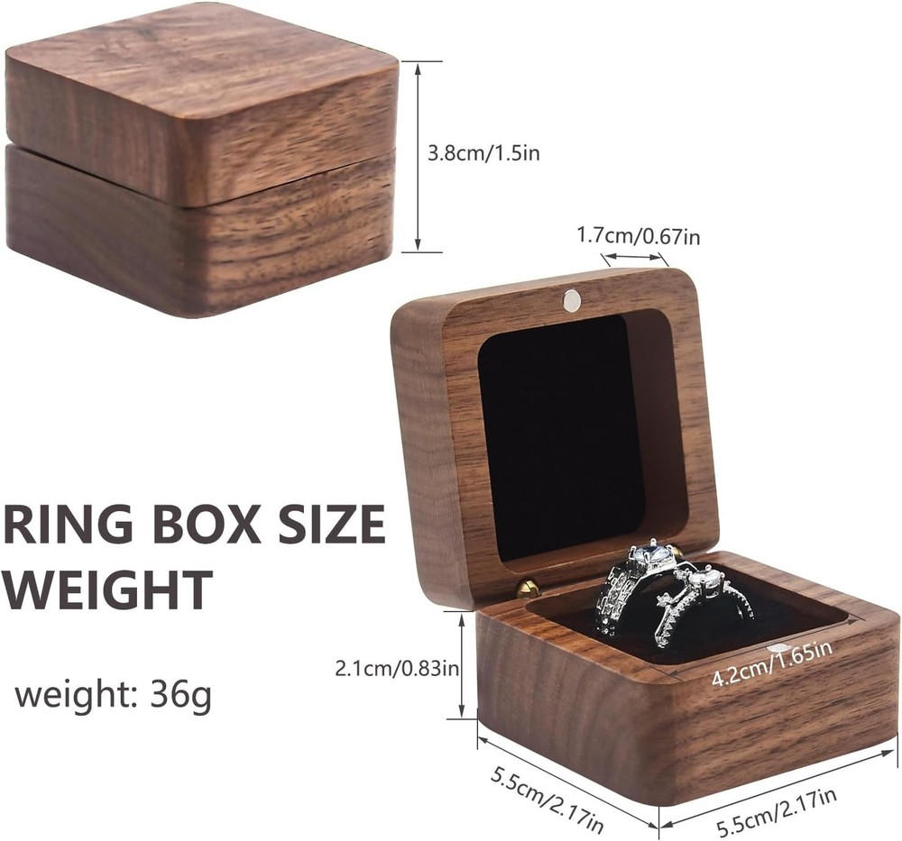 Wooden Ring Box Wedding Ceremony 2 Slots,Small Square Solid Wood Double Ring