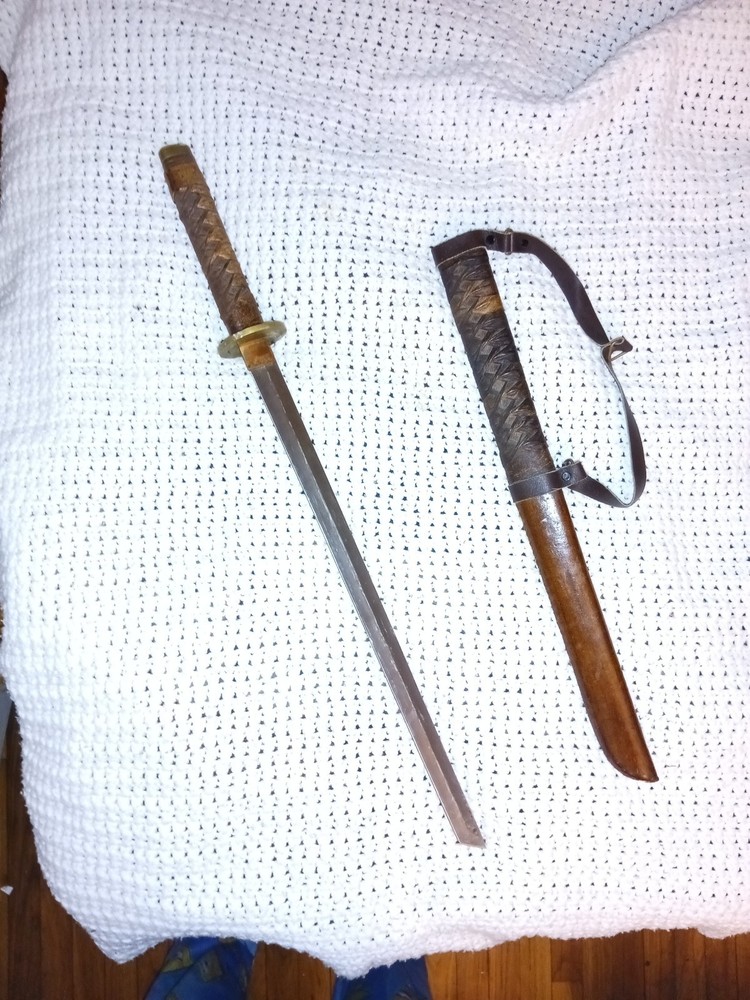 Decorative Samurai Katana with Leather-Wrapped Scabbard & Shoulder Strap