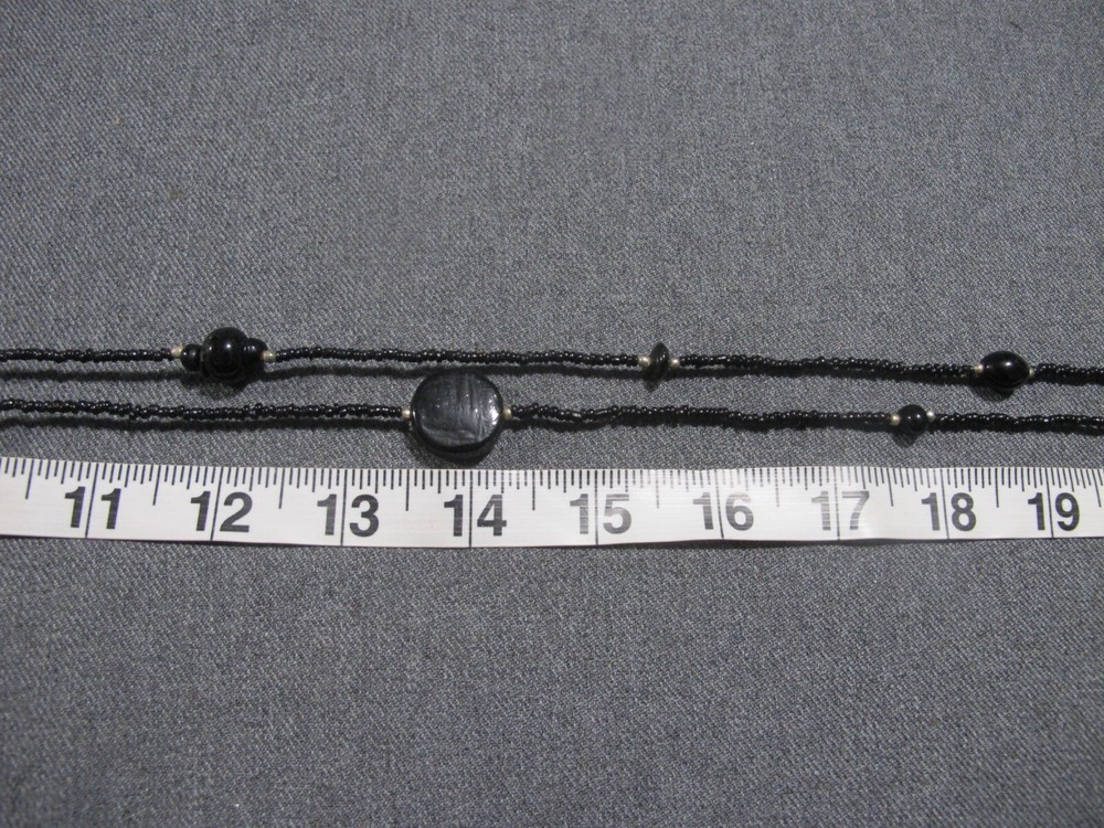 Vintage flapper style assorted black glass + tiny silvertone beaded necklace