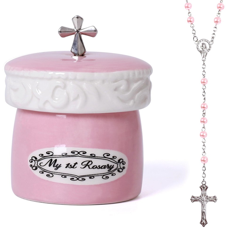 My First Rosary Cross for Girl Keepsake Box and Rosary Gifting Set Pink