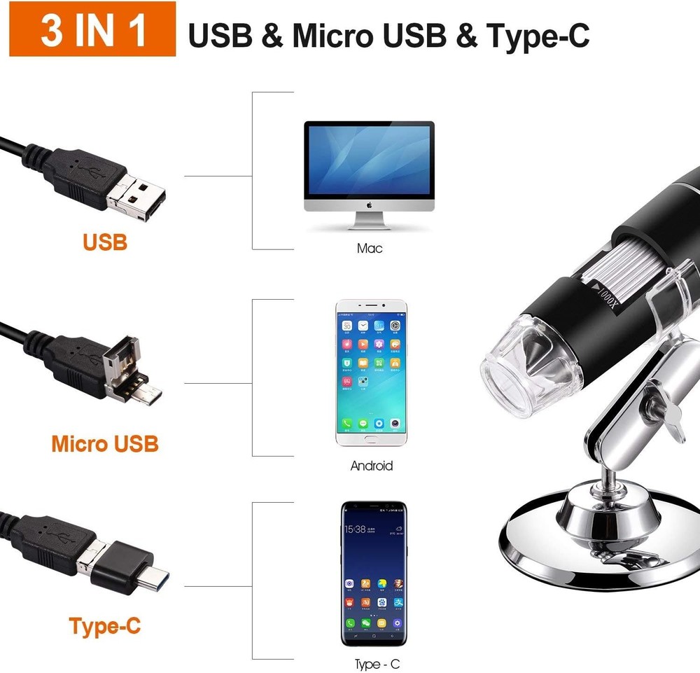 USB Digital Microscope 40X to 1000X, 8 LED Magnification