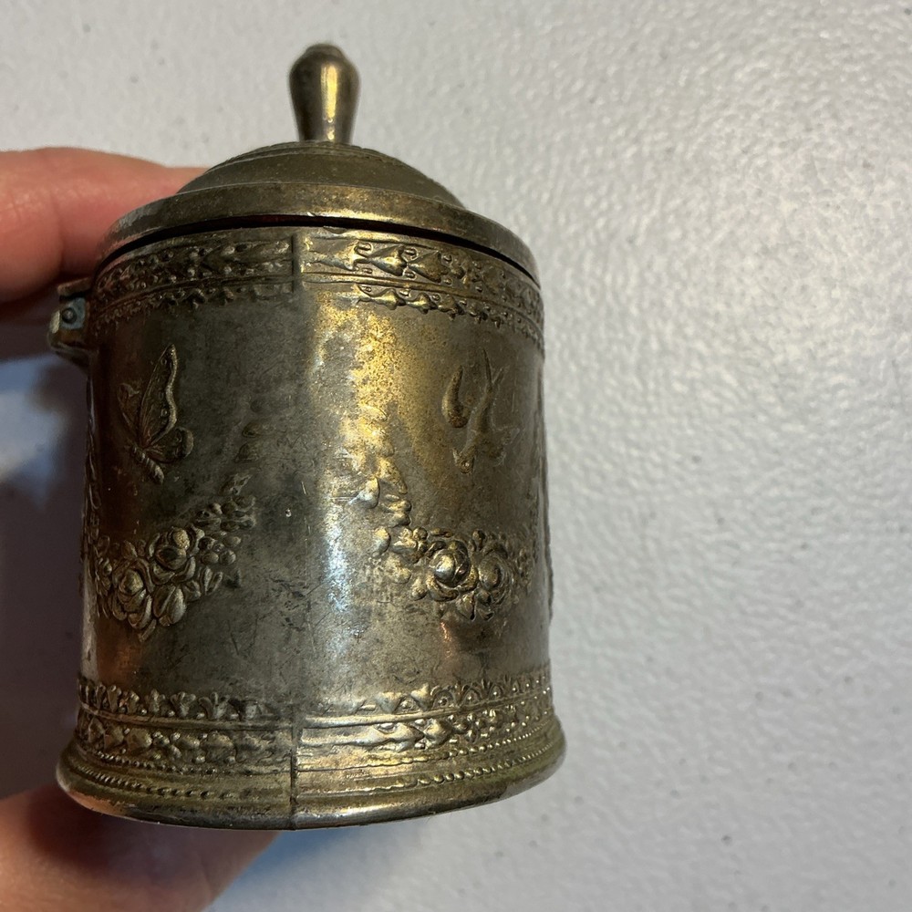 Vintage Silver Metal Ornate Jewelry Trinket Box Butterfly Swallow Floral Garland
