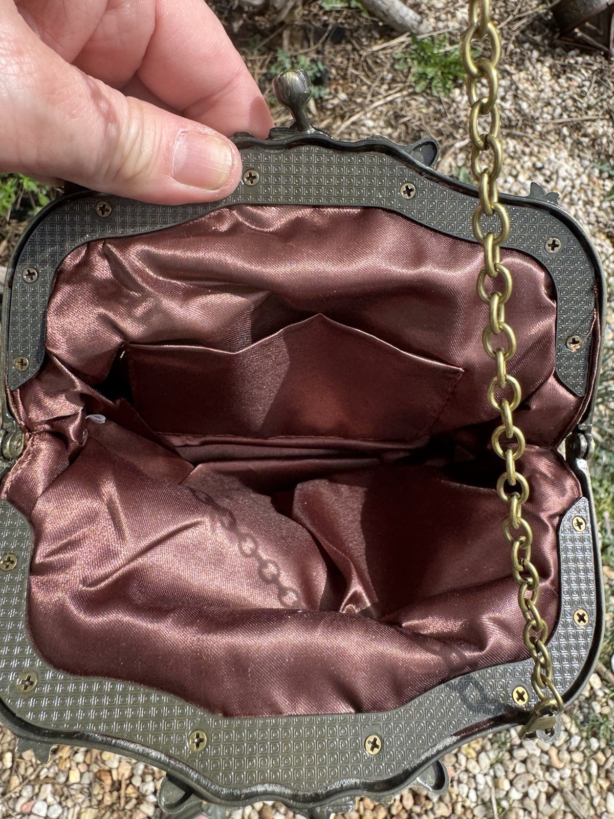 Vintage Beaded Evening Bag Brown Kiss Lock Closure Bronze Metal