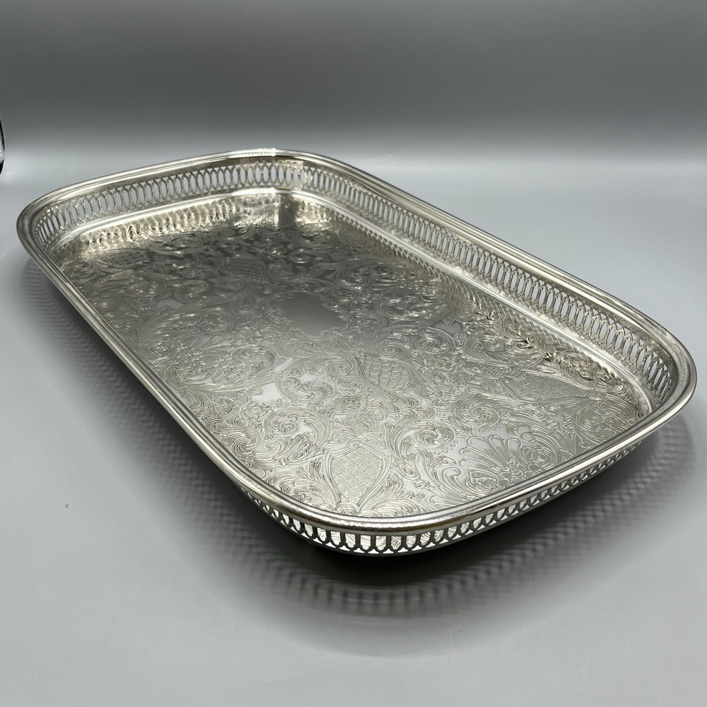 Large Vintage Silver Plated Rectangular Gallery Tray Footed Long Cocktail Drinks