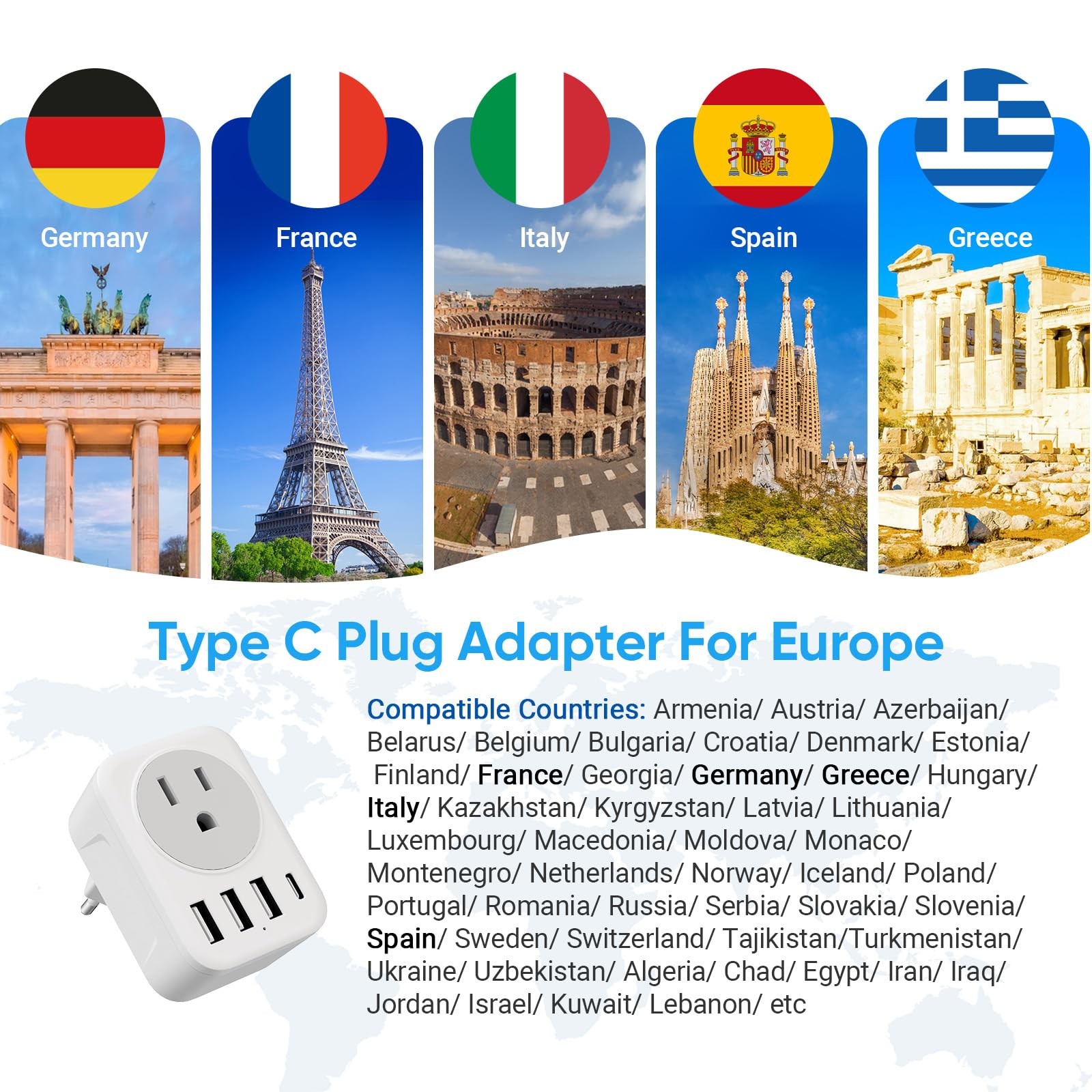 European Travel Plug Adapter, RATEA International Power white gray