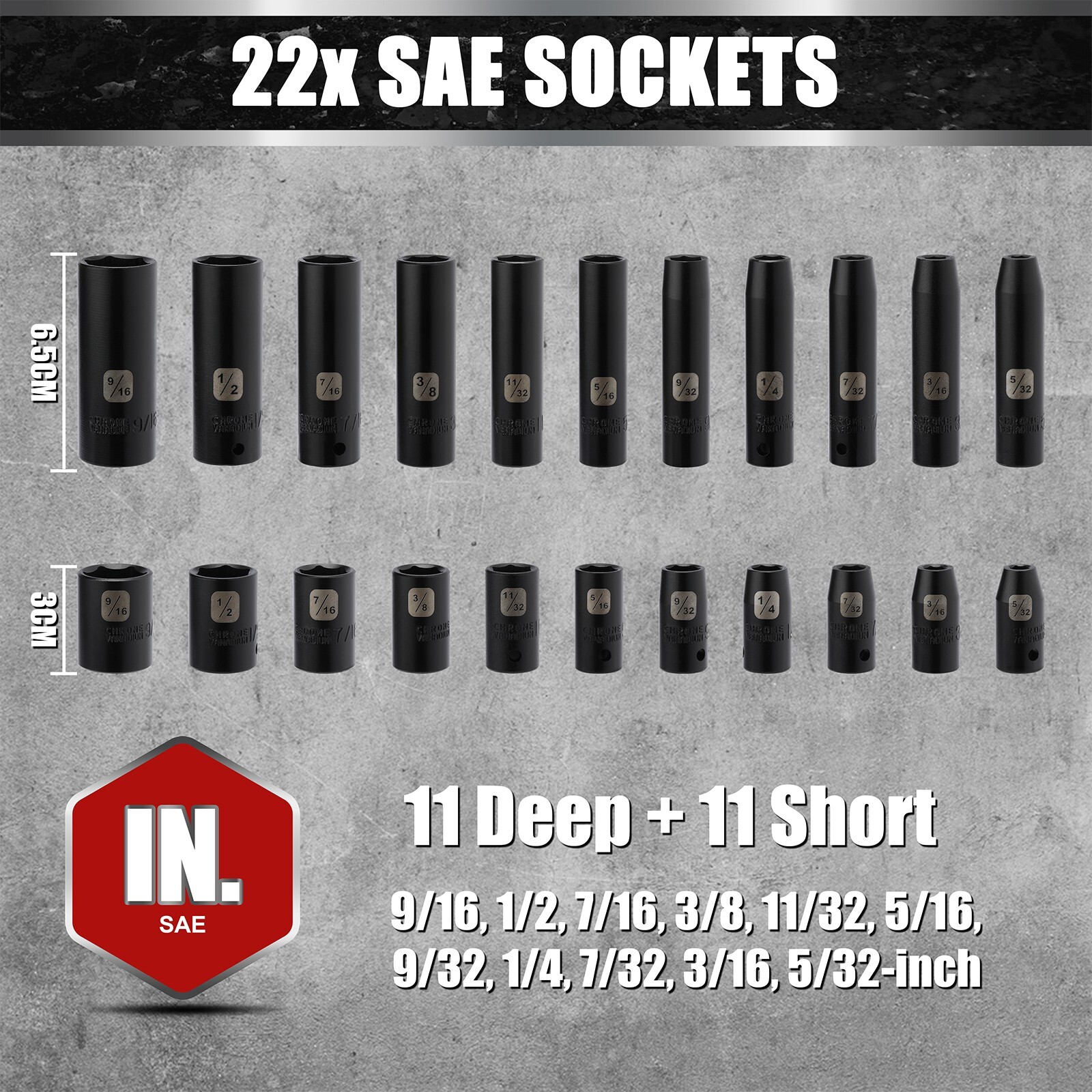 55PCS 1/4" Drive Deep and Shallow Impact Socket Set, CR-V, SAE & Metric, 6 point