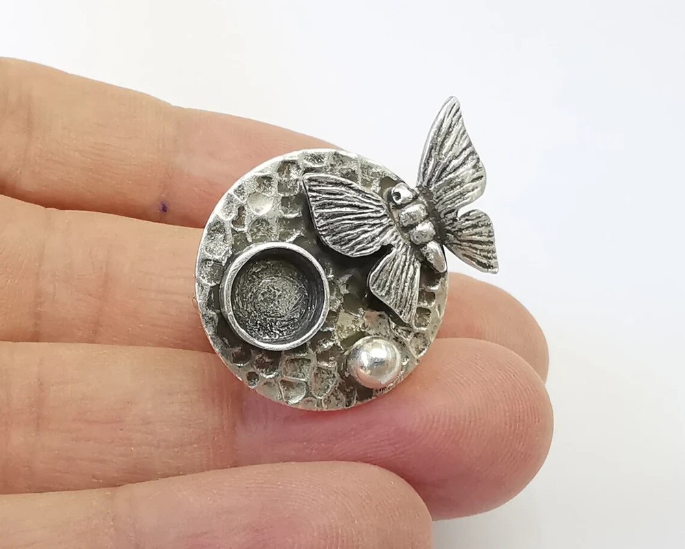 Butterfly silver ring setting blank cabochon mounting Adjustable ring base bezel