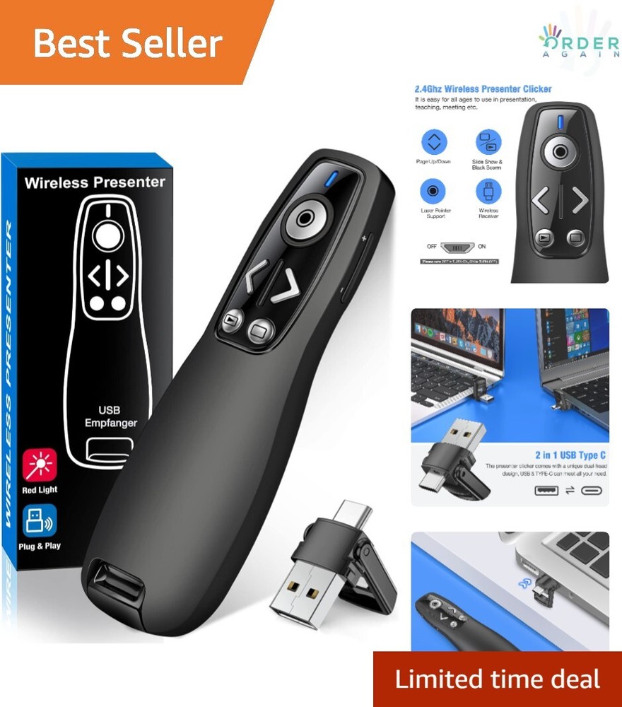 Wireless Presentation Clicker USB Type C PowerPoint Remote with Volume Control
