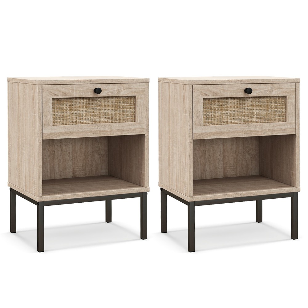 2 PCS Boho Style Nightstand Compact End Table w/Rattan Drawer & Open Shelf