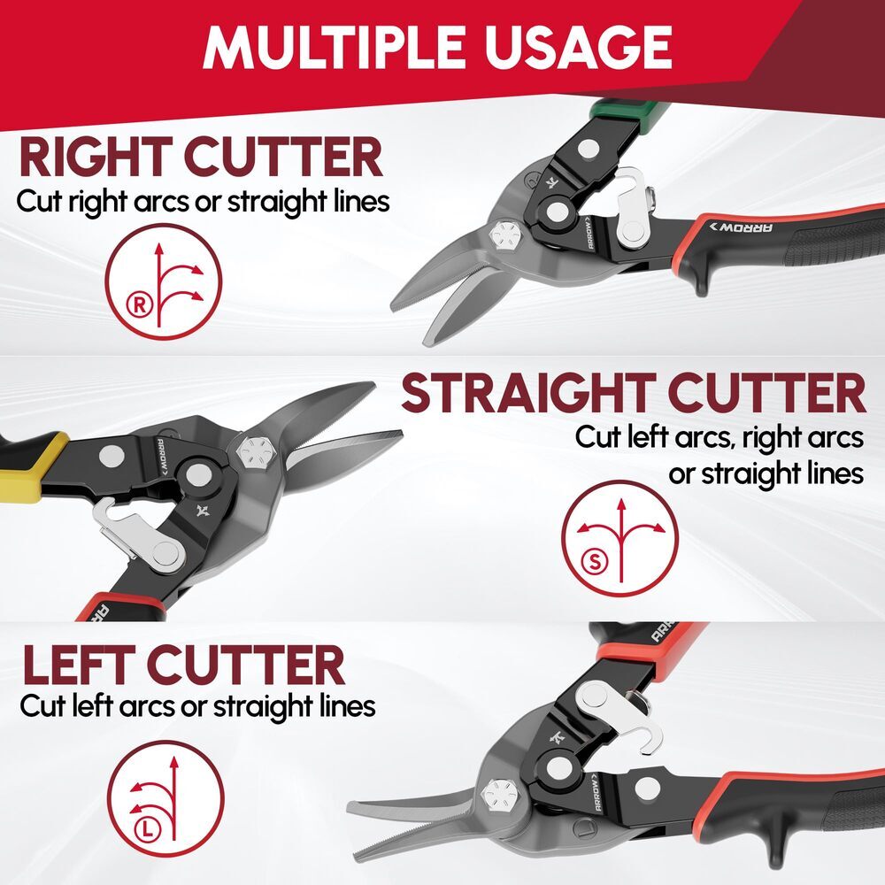 ARROW 3PCS 8" High Leverage Tin Snips Set Aviation Snips Left Straight Right Cut