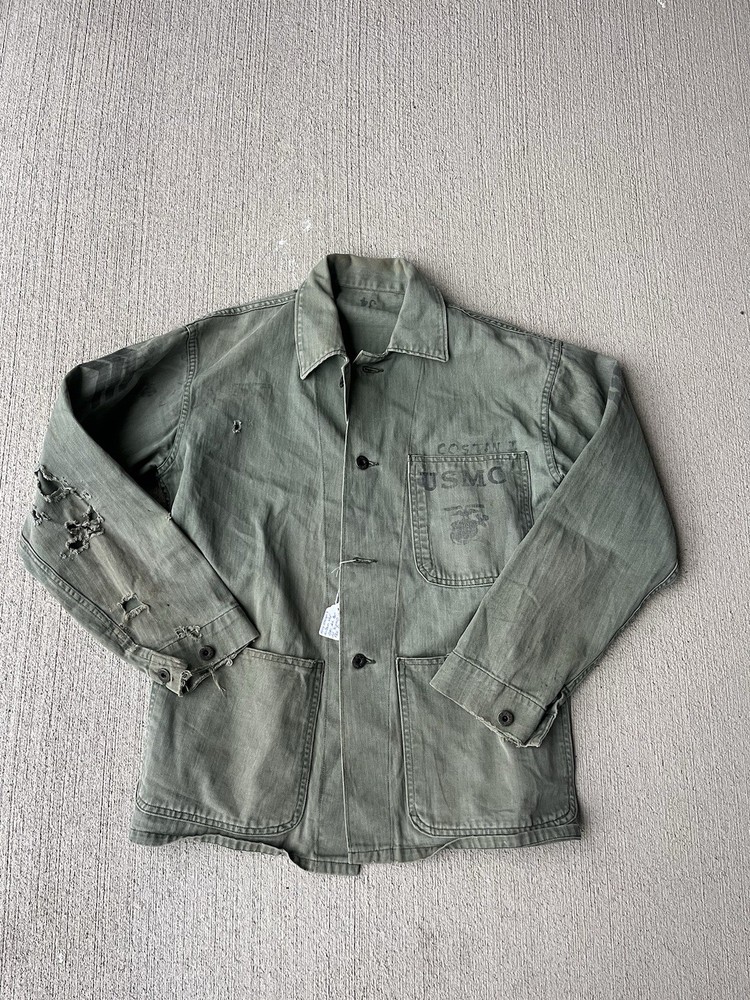 WW2 USMC HBT Jacket P-41 Stenciled  Size 41 Thrashed Distressed Named