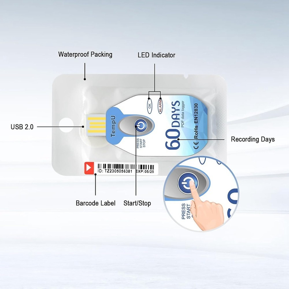Temperature Data Logger USB Disposable PDF Temp Recorder Logger TempU02 608789
