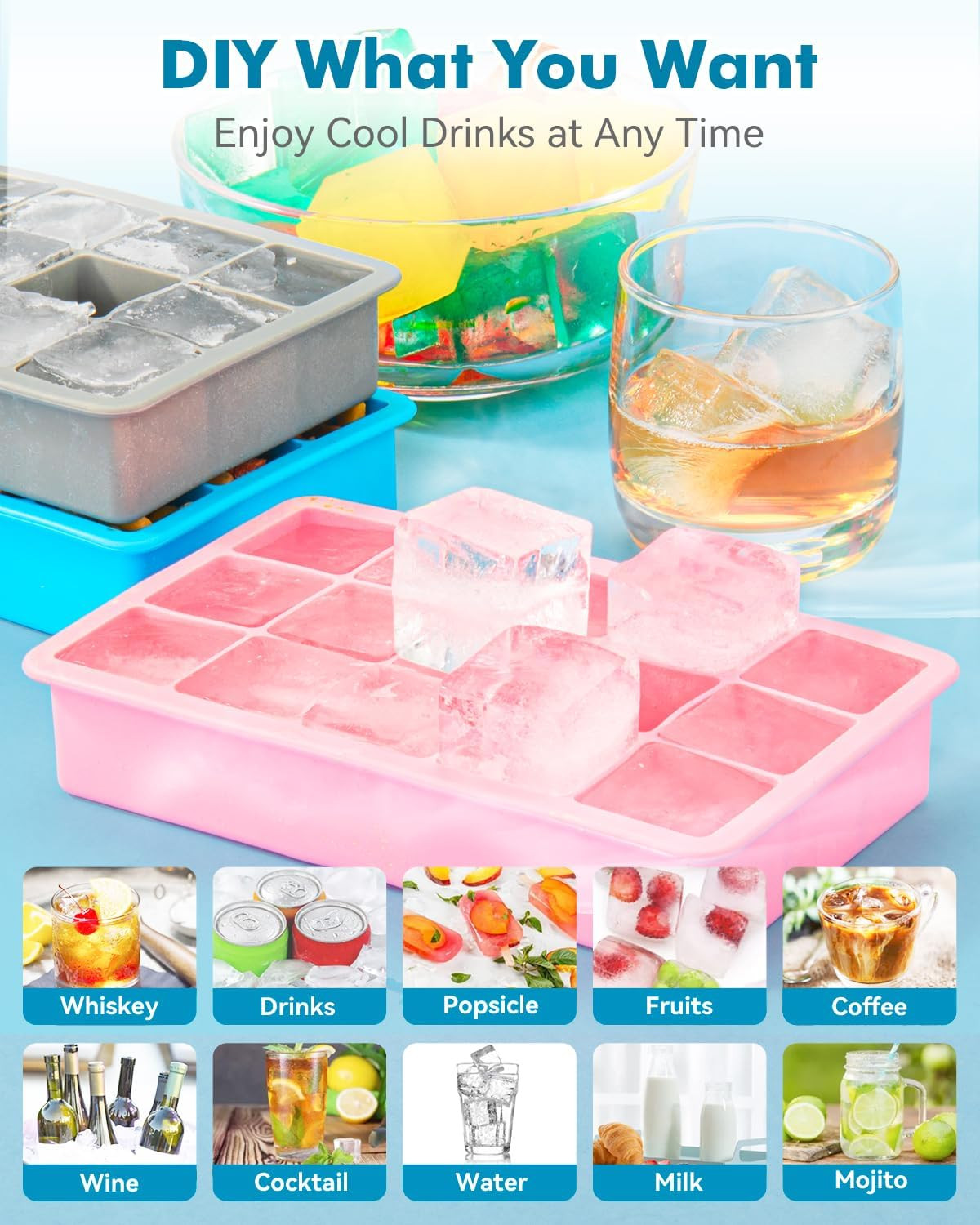 2 Pack Ice Cube Trays, Silicone Easy Release Flexible Molds 15 Ice Cubes Tray f