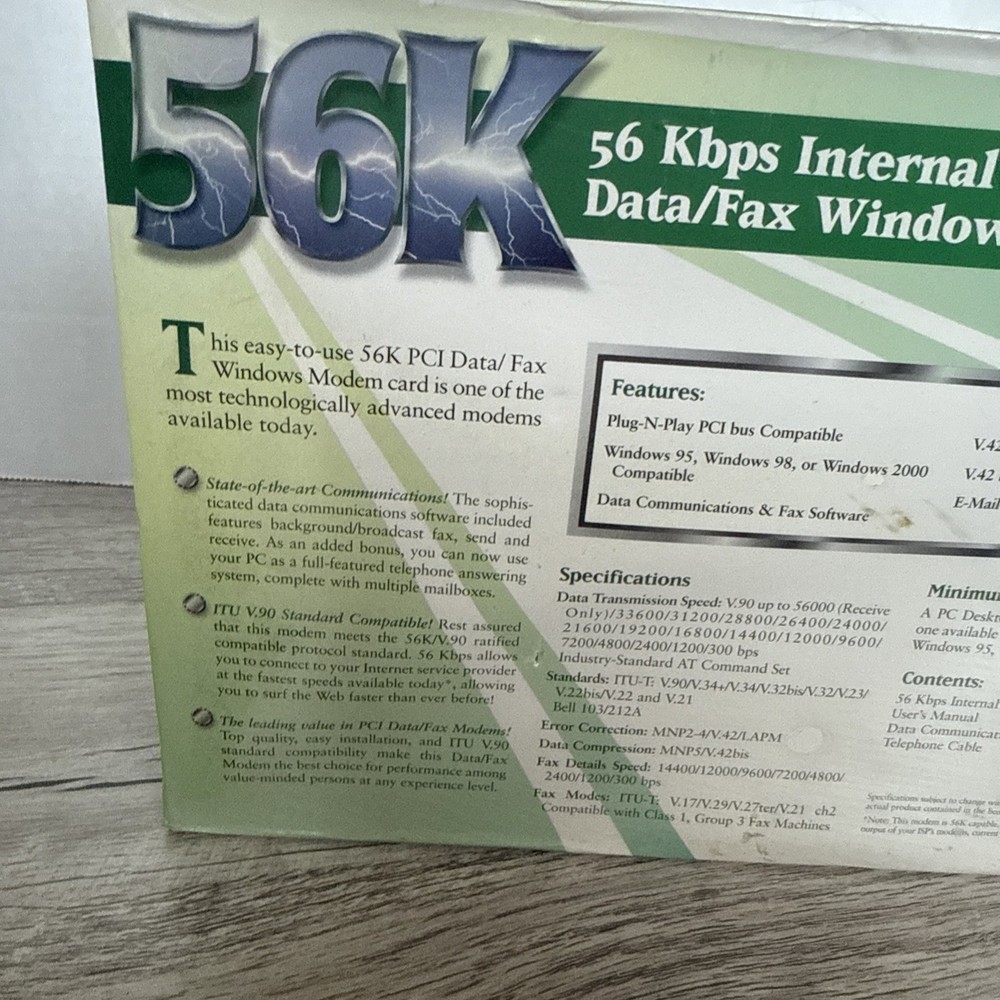 56K Internal Data/Fax Modem PCI Version Windows New Sealed Software Included