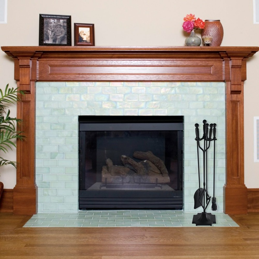 5 Pcs Fireplace Tools Set Wrought Iron Fire Place Accessories Tools Holder Black