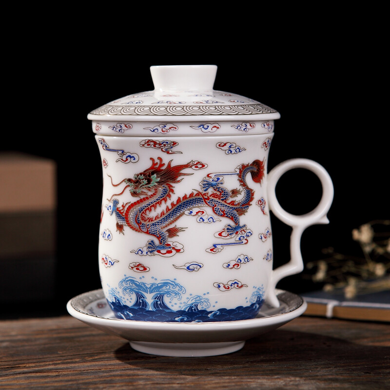 Chinese Dragon Pattern Ceramic Tea Cups Infuser Coffee Mugs Filter Tea Set Decor