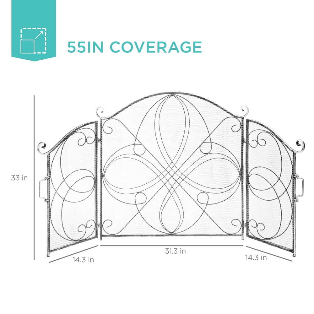 Silver Finish Fireplace Screen 3 Panel Mesh Folding Wrought Iron Arch Scrollwork