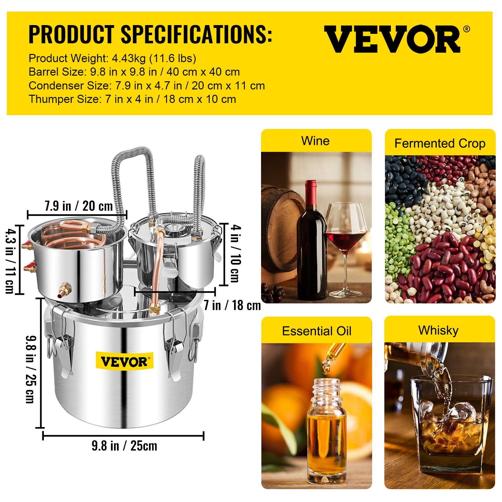 VEVOR Alcohol Distiller 3Gal/12L Alcohol Still Home Brew Wine Making Kit 3 Pot