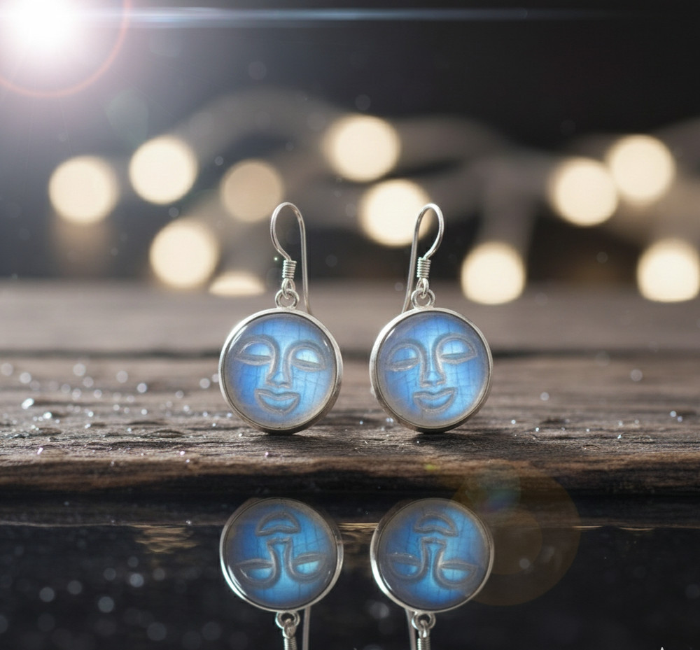 Solid 925 Sterling Silver Handcarved Rainbow Moonstone Moonface Dangle Earrings