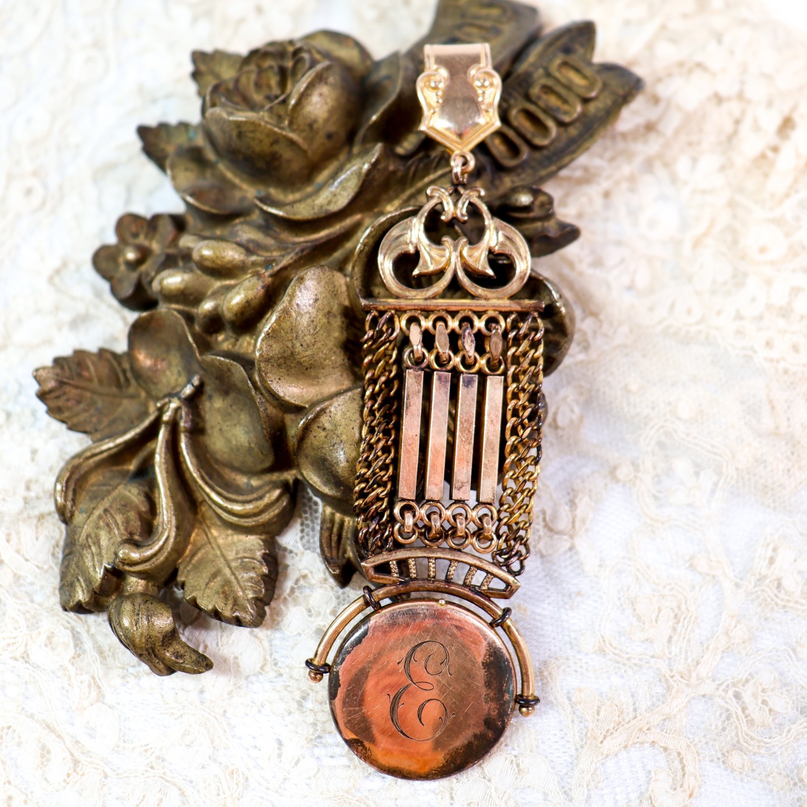 Antique Victorian Gold Filled Initial E Locket Watch Fob Pendant Charm Etched