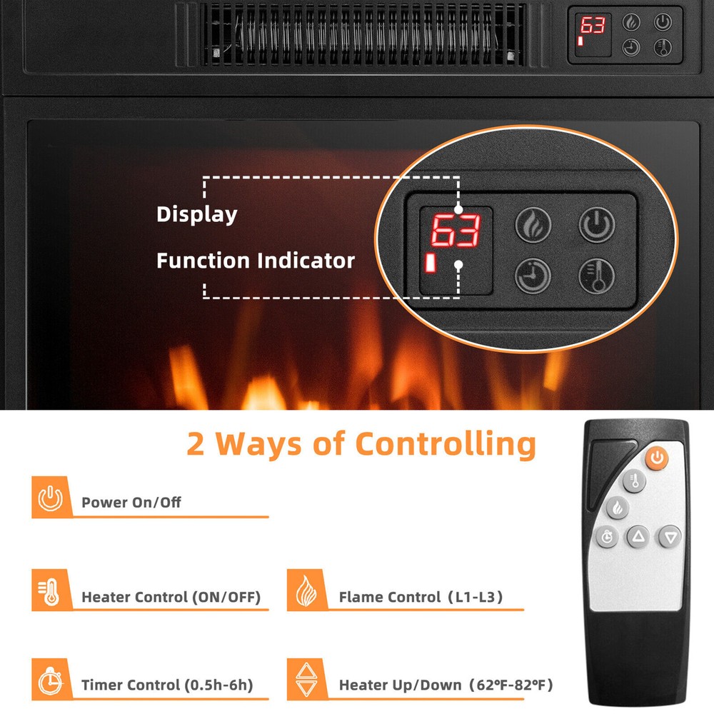 18" Electric Fireplace Inserts & Freestanding Adjustable Heater Log Flame 1400W