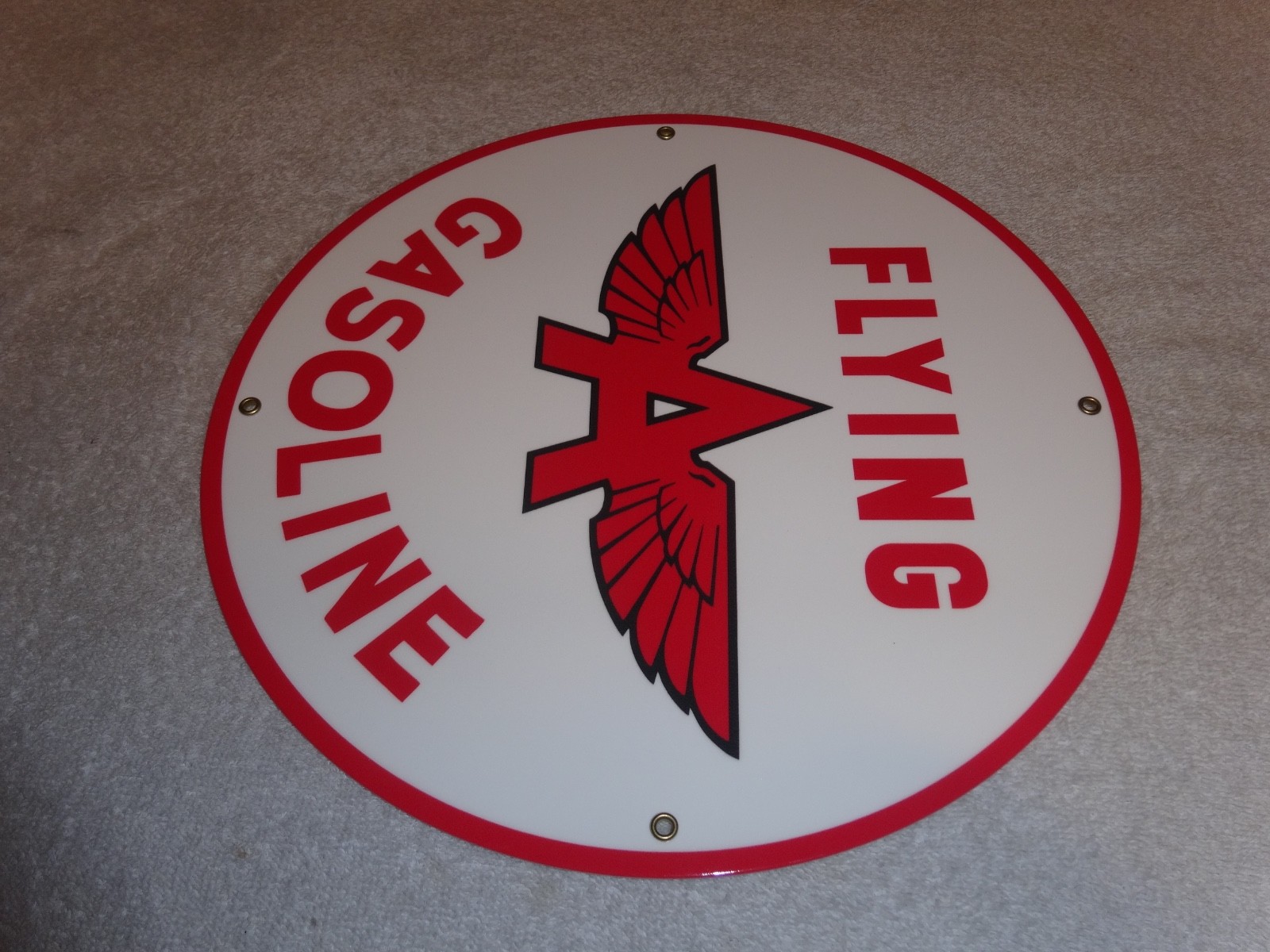 VINTAGE FLYING A GASOLINE WHITE 11 3/4" PORCELAIN METAL SERVICE STATION OIL SIGN