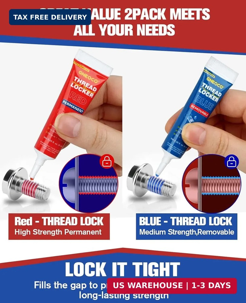 2 Pack Thread Locker Blue and Red 6mlx2 - Medium and Strong StrengthThreadlocker
