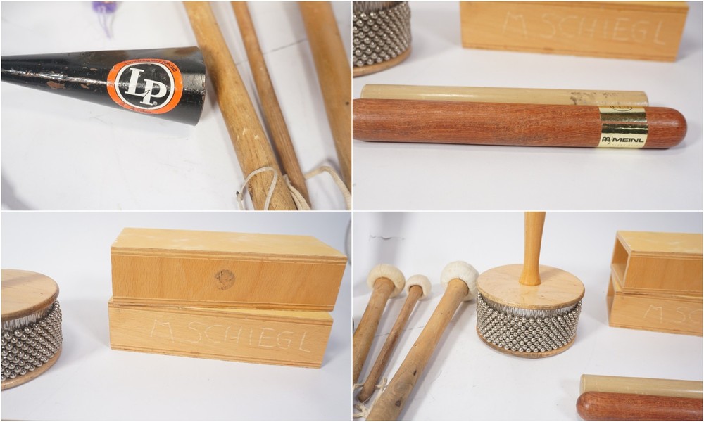 Vintage Percussion Drum Music Bundle with Mallets Brushes Cabasa