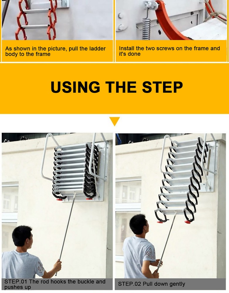12 Steps Folding Frame Ladder Loft Telescopic Stair Pull Down Attic Ladder