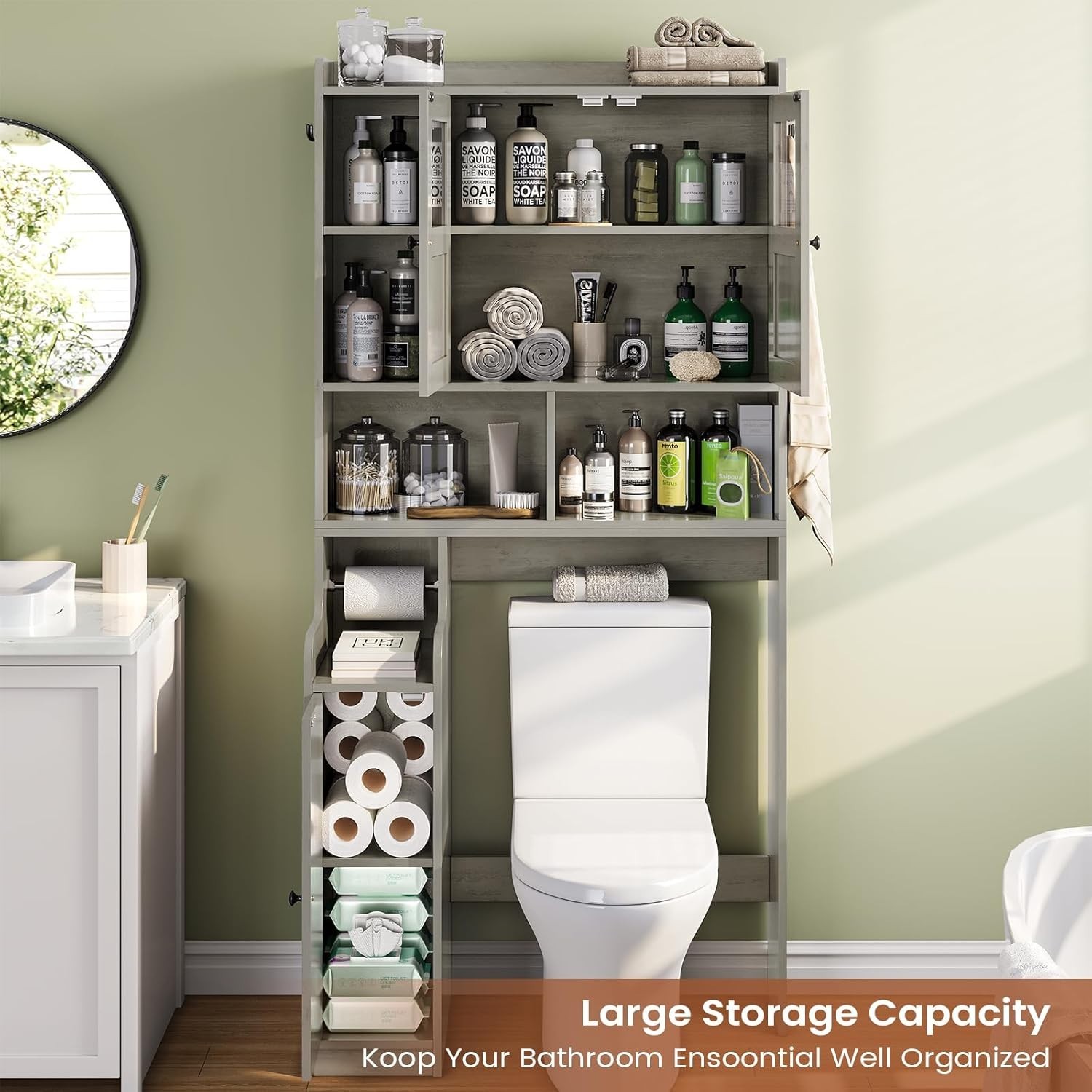 Over The Toilet Storage Cabinet, Farmhouse Bathroom Organizer with Glass Doors