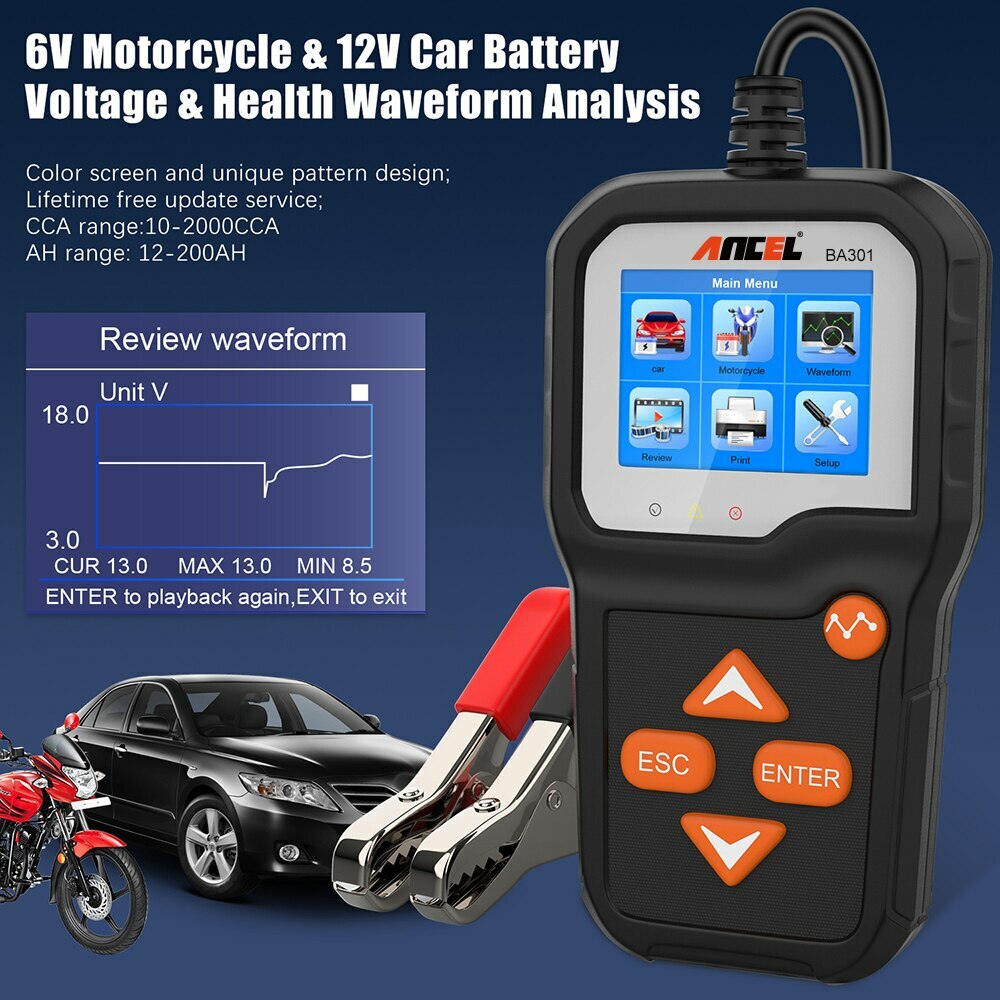 ANCEL BA301 Car Battery Load Tester Motorcycle 6V 12V Charging System Analyzer
