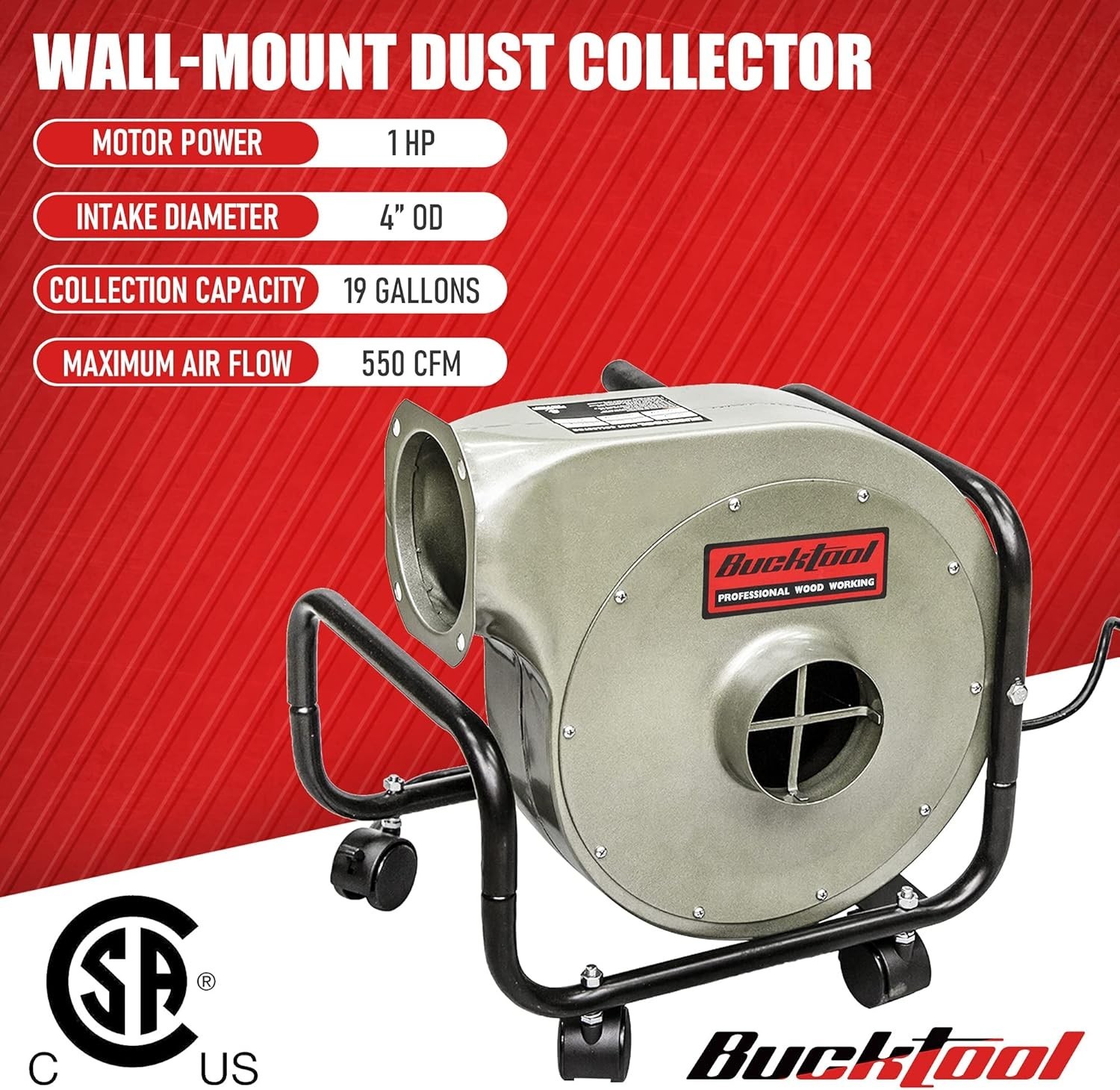 550CFM Airflow Dust Collector, 1HP 6.5A Wall-Mount Unit with Remote Control