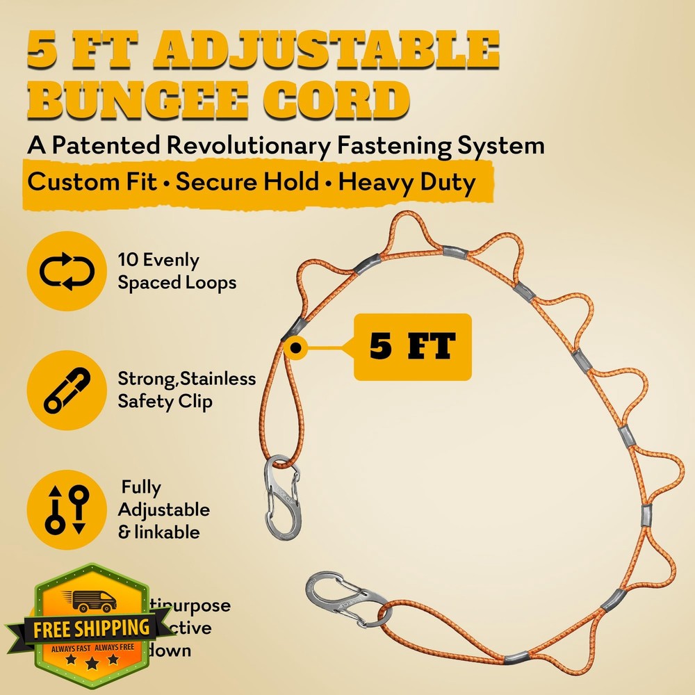 LoopRope 5ft Bungee Cord with Hooks Adjustable Multi-Loop Tie Down Carabiners