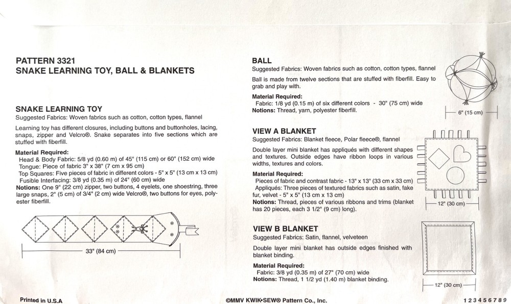 1990's Kwik Sew Snake Learning Toy,Ball,Blankets Pattern 3321 UNCUT