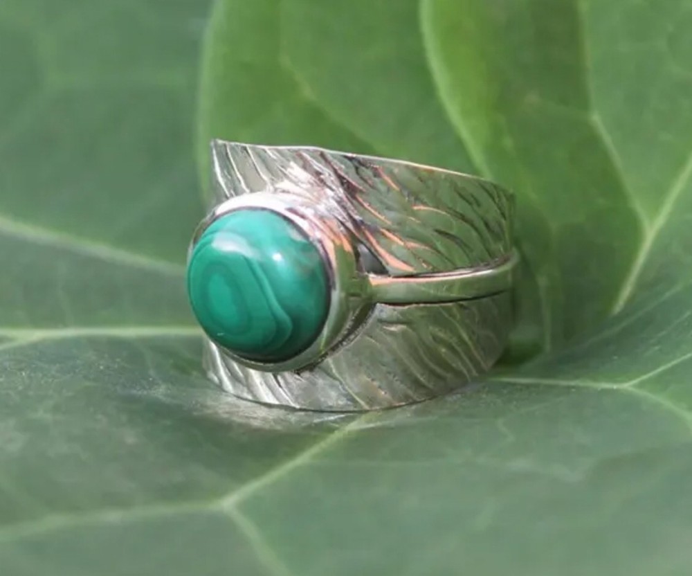 Solid 925Sterling Silver Natural Malachite Gemstone Wide Leaf Textured Boho Ring