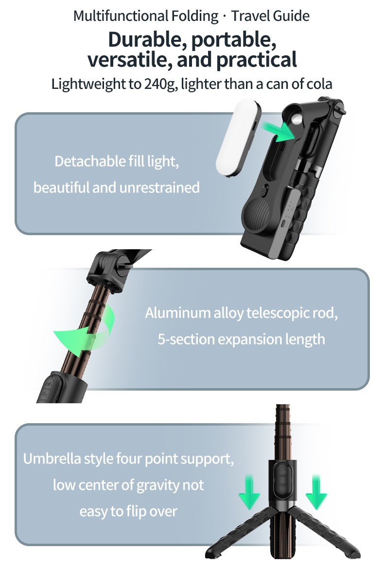 TOALLIN Mobile Phone Gimbal Stabilizer,Foldable Selfie Stick,Fill Light,w/Remote