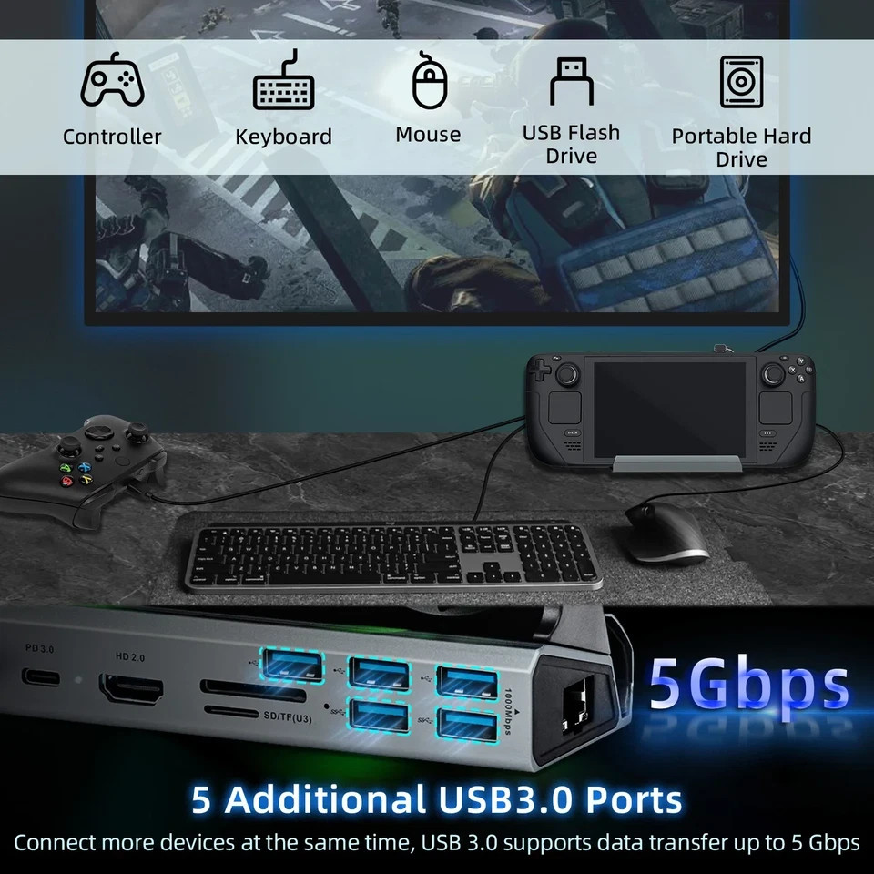 10 in 1 Docking Station with Dual Cooling Fan for Steam Deck-Gray
