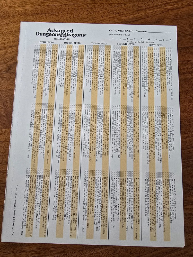 AD&D 1st Edition REF2 Magic-User Spells Sheet Singles TSR