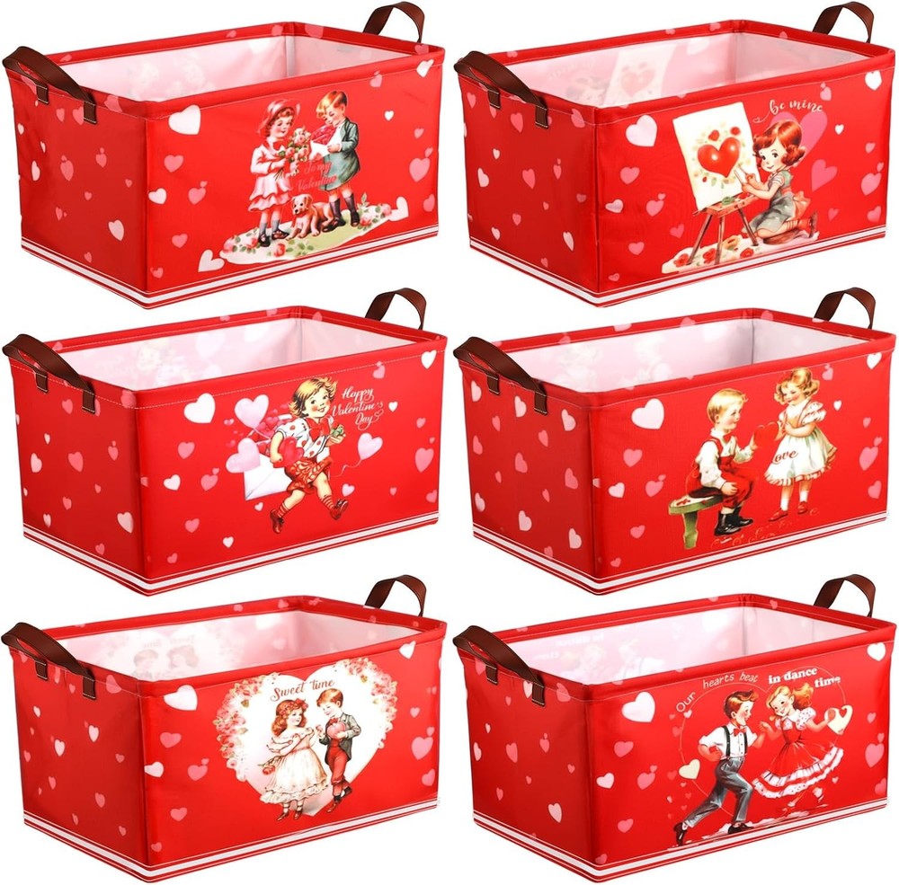 6 Pack Valentine's Day Storage Basket Collapsible Red
