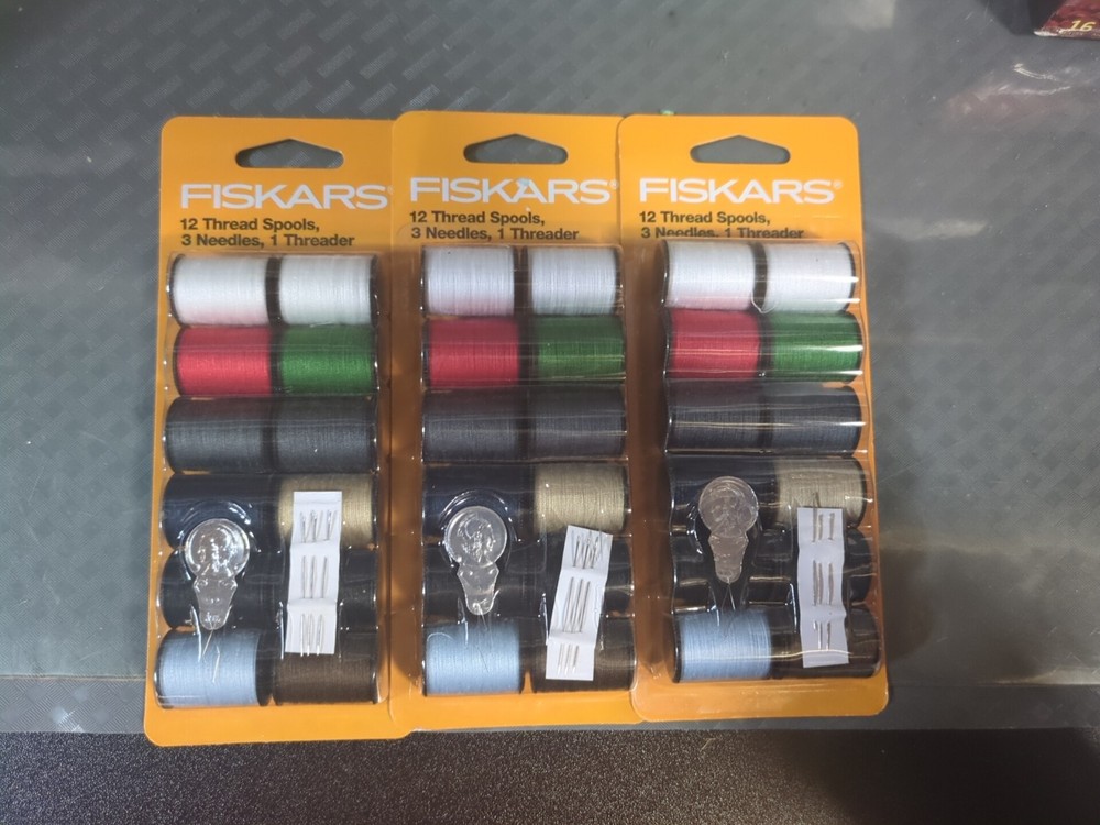 3 Sets Fiskars 12 Thread Spools, 3 Needles, 1 Threader New  #6