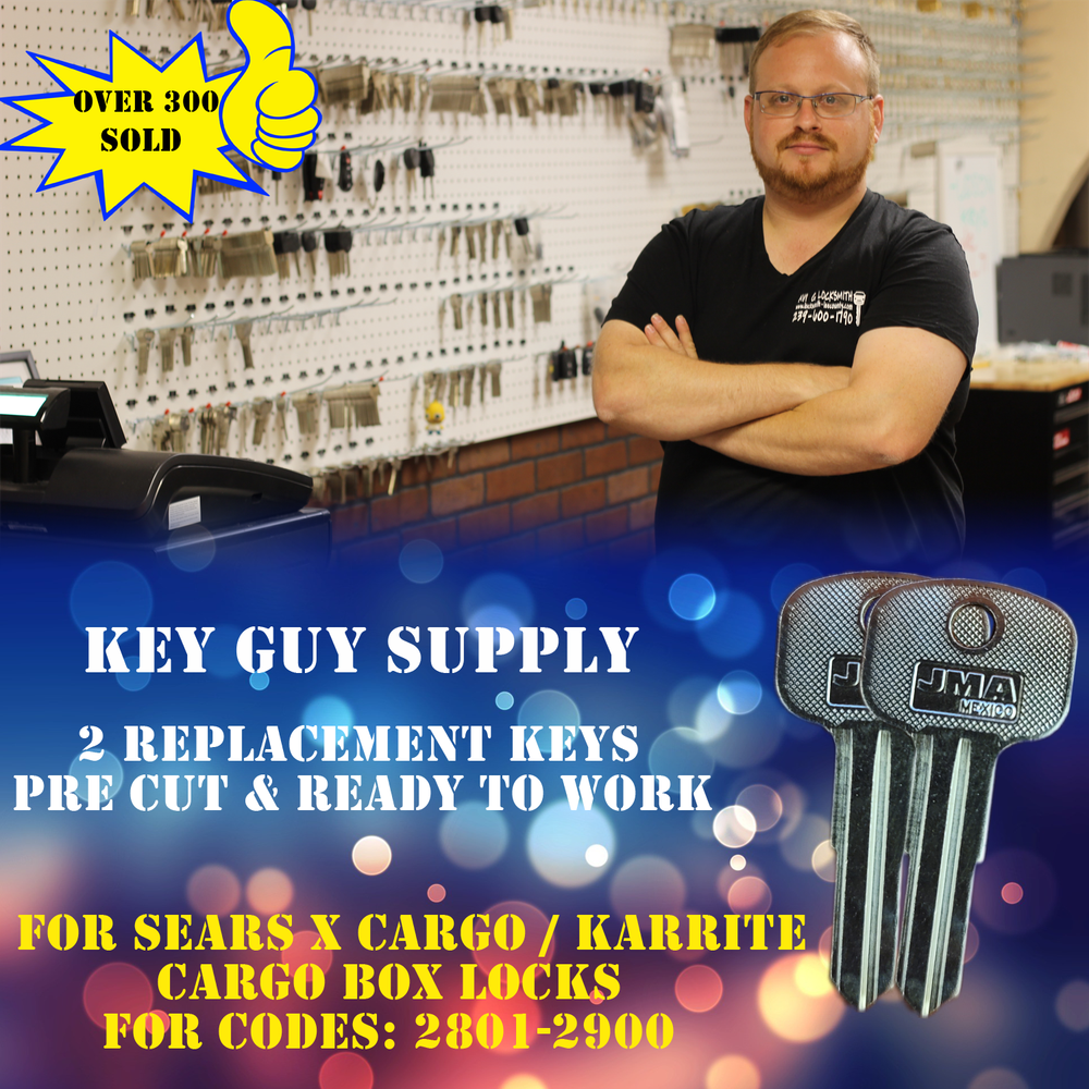 2801-2900 key. New keys for Sears X-Cargo, Karrite locks. Cut 2 code. Locksmith.