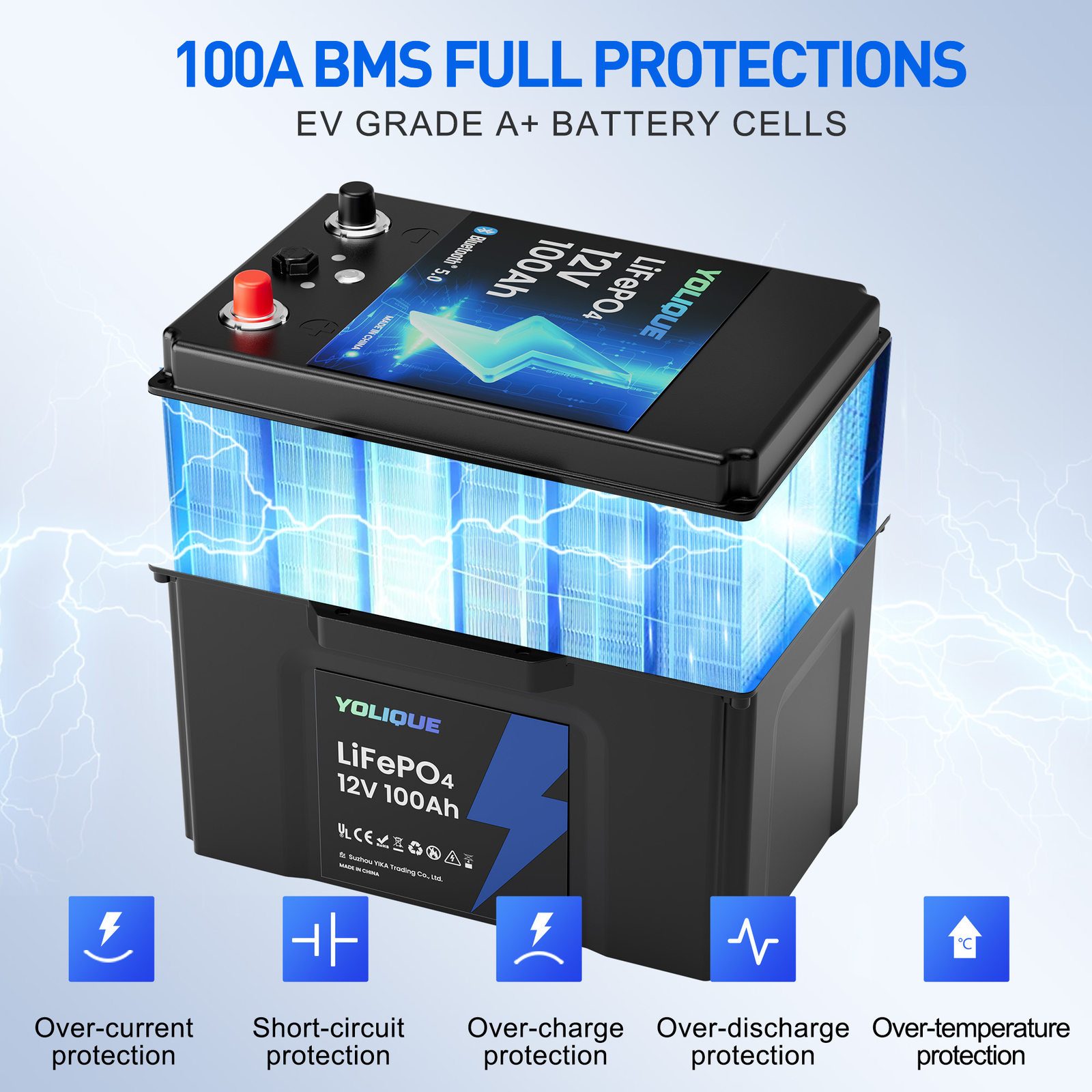 12V 100Ah Bluetooth LiFePO4 Lithium Battery,Self-Heating And Low-Temp Protection