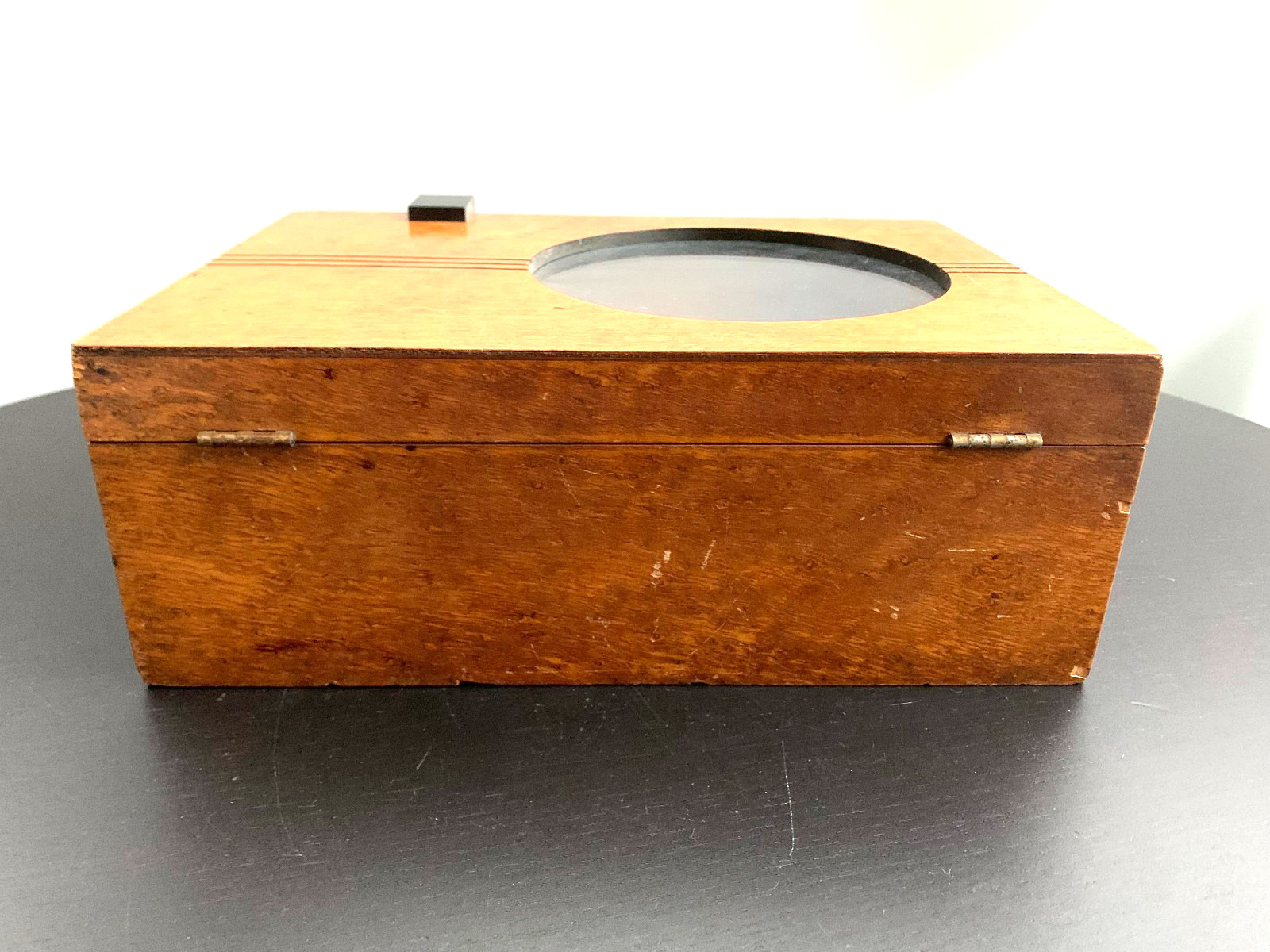 1930s Art Deco Barber Shop Cabinet Circle Glass Birdseye Maple Burton Chicago