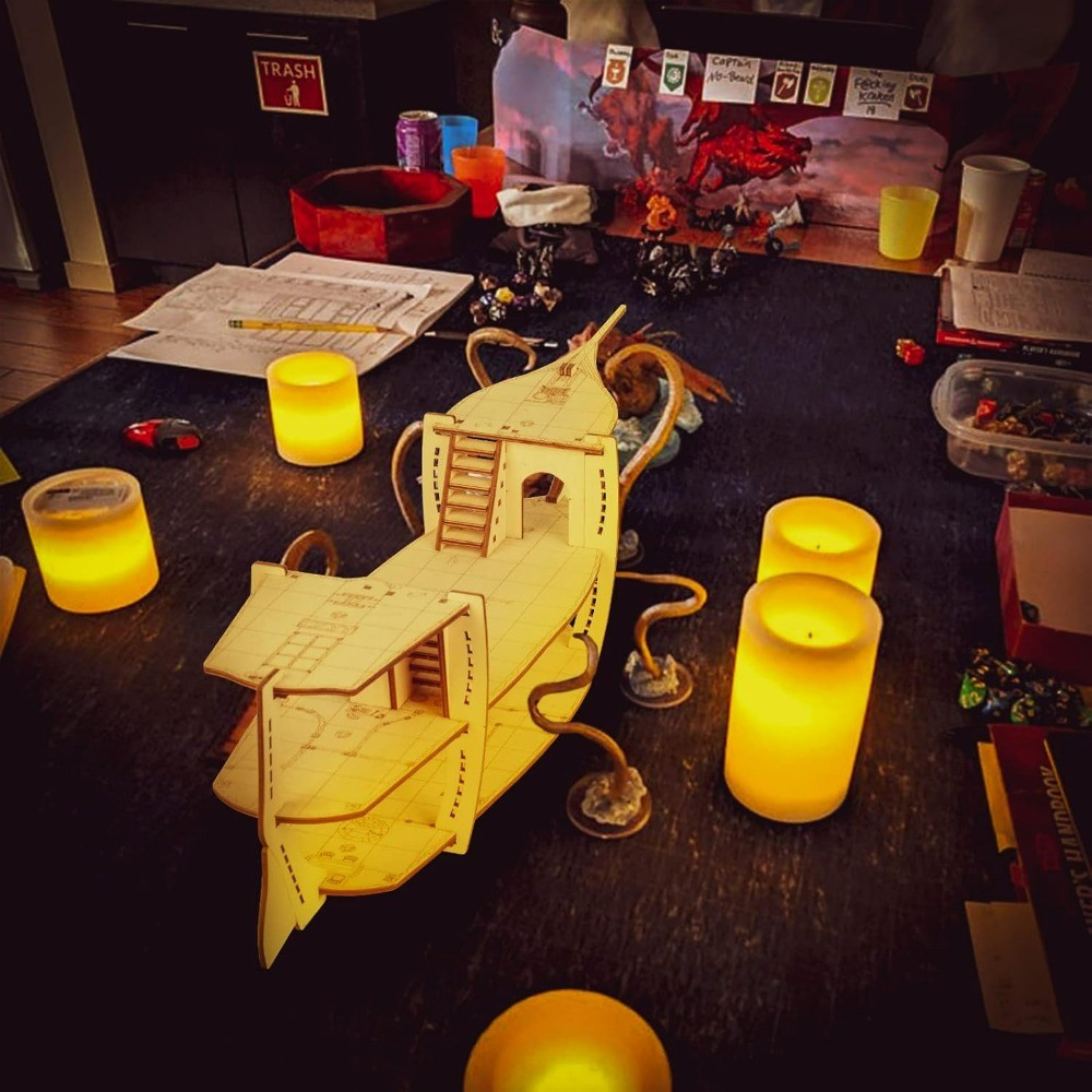 Laser Cut 3D Wood Ship Mini, 3-Level 1" Grid Battle Map for Tabletop RPG
