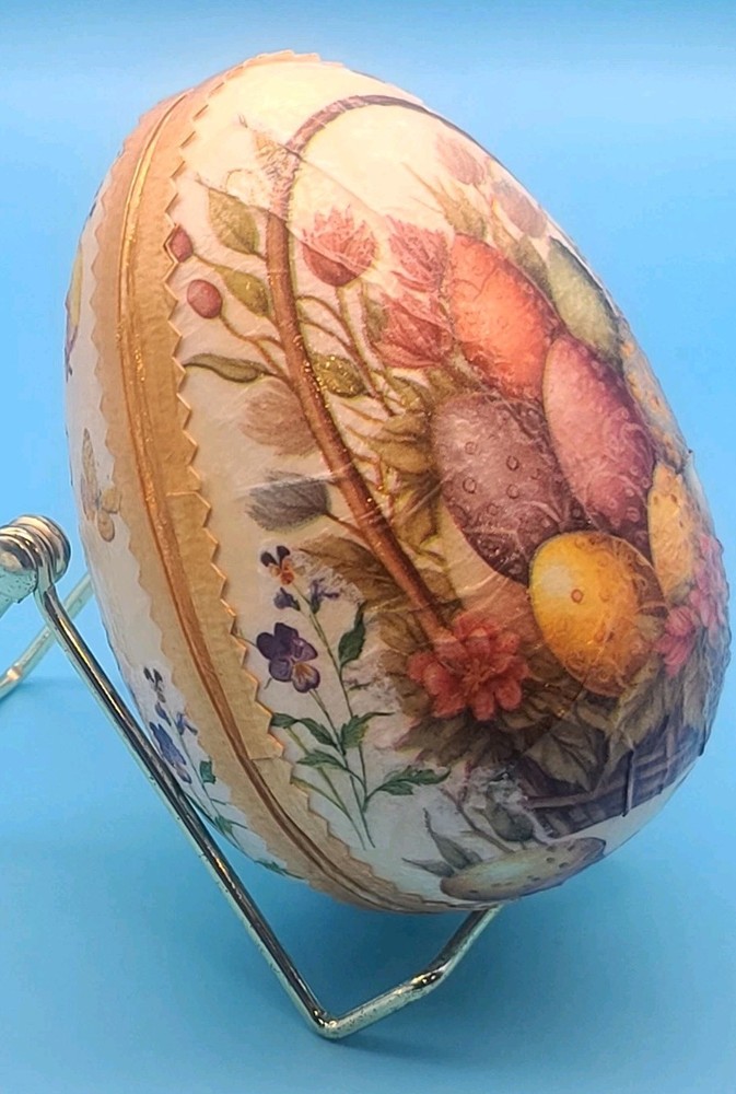 2 Hand Painted Decoupage Paper Mache Easter Egg Container Boxes Victorian Style